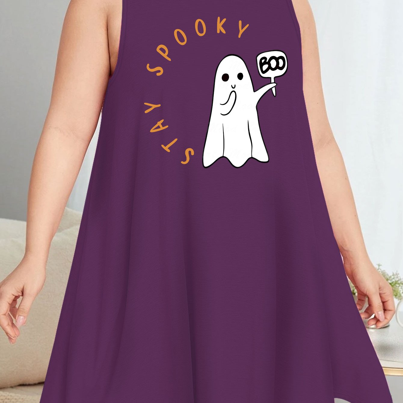 Halloween Nightdress Women's Plus Letter & Ghost Print Round Neck