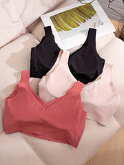 3pcs Lace Wireless Padded Bras Scallop Trim Lingerie Set