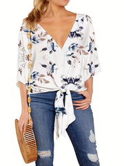 Floral Print Boho Blouse V Neck T-Shirt