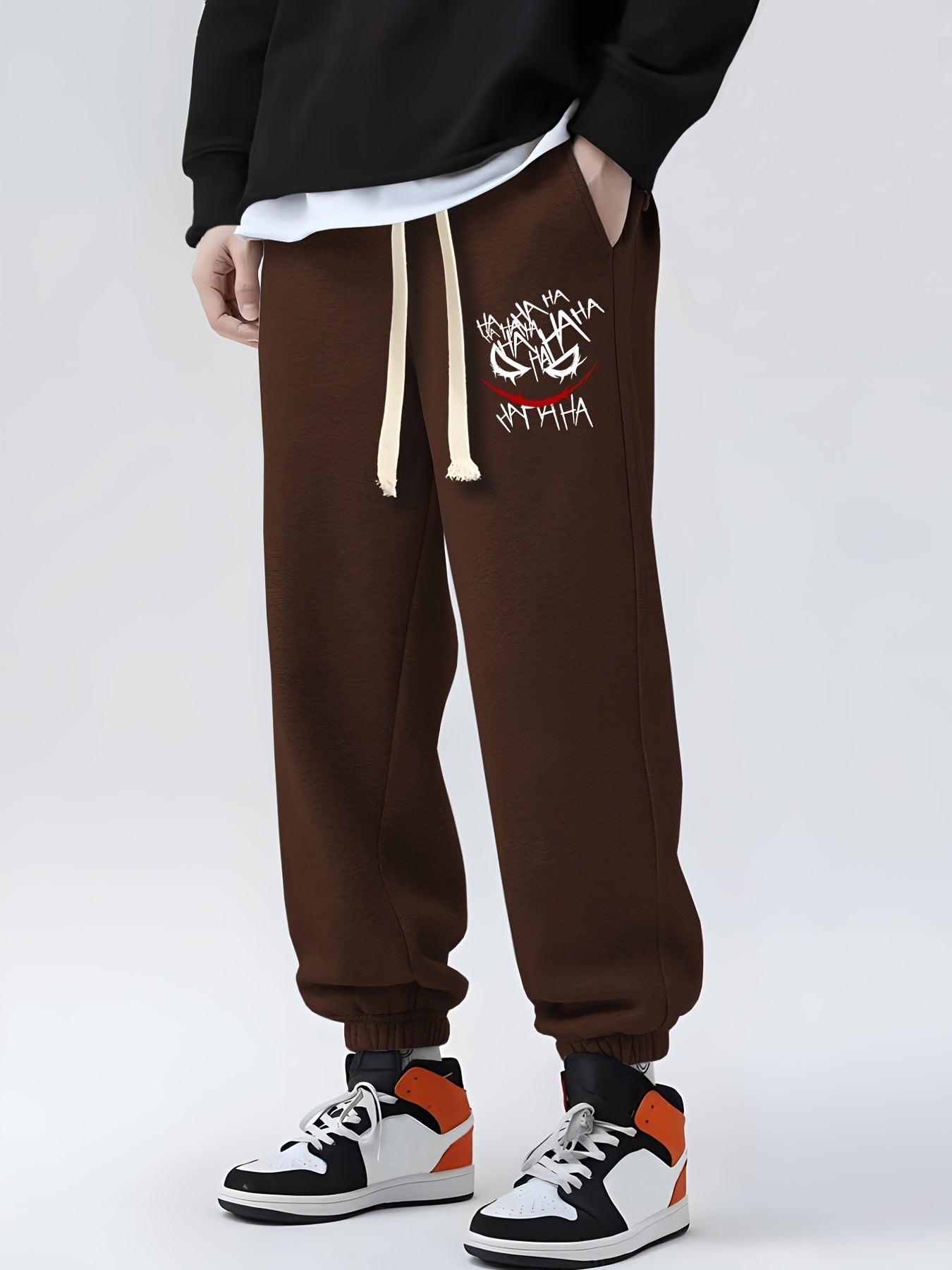 Evil Smile Print Drawstring Sweatpants Men's Loose Fit Joggers Spring Autumn