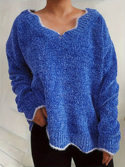Casual Sweater Women's Plus Colorblock Floral Trim Long Sleeve V Neck