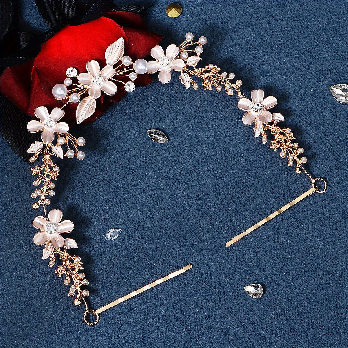 Rhinestone Flower Faux Pearl Head Piece Bobby Pin Hair Hoop Bridal Wedding