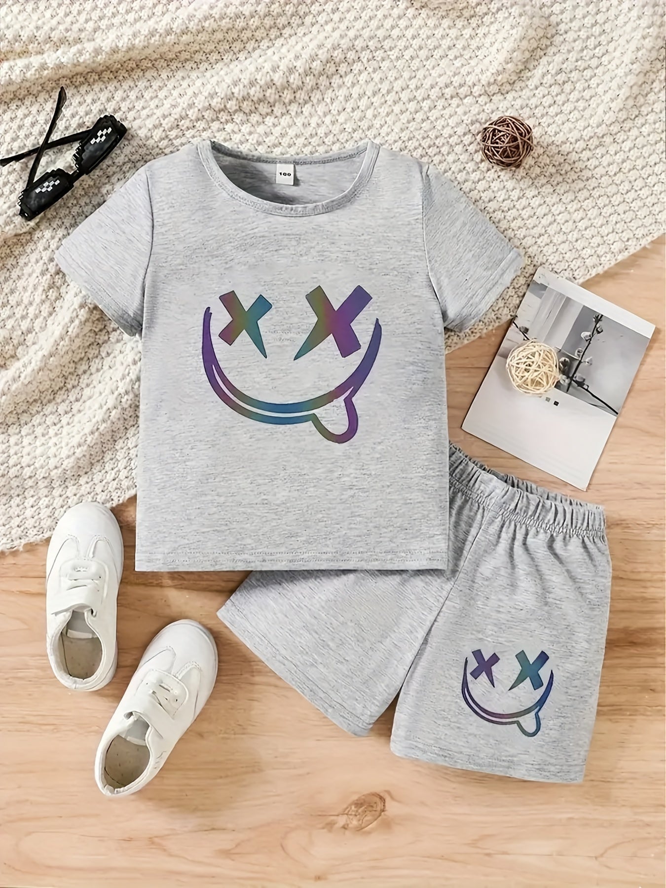 Boys Funny Face Print Casual Outfit T shirt & Shorts Kids Summer Clothes Sets