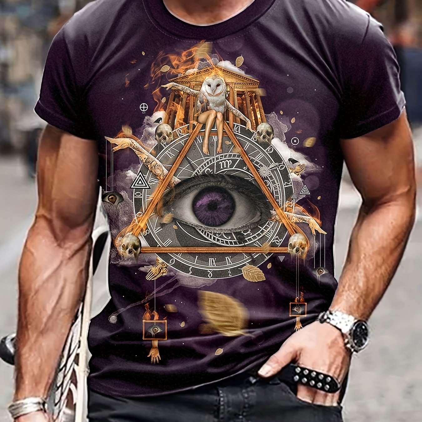 Eye And Triangle Pattern Print Men's Short Sleeve Comfy T-shirt
