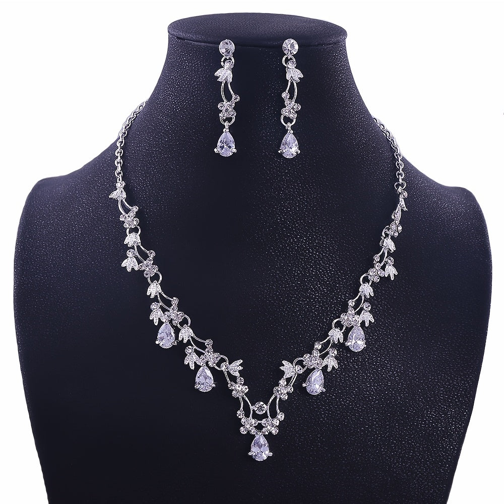 Bridal Jewelry Set Silvery Plated Rhinestone Crystal Pearl Necklace Earrings