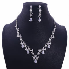 Bridal Jewelry Set Silvery Plated Rhinestone Crystal Pearl Necklace Earrings