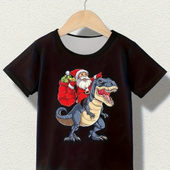 Santa & Dino Graphic Short Sleeve T shirt Girls Comfy Tees For Summer