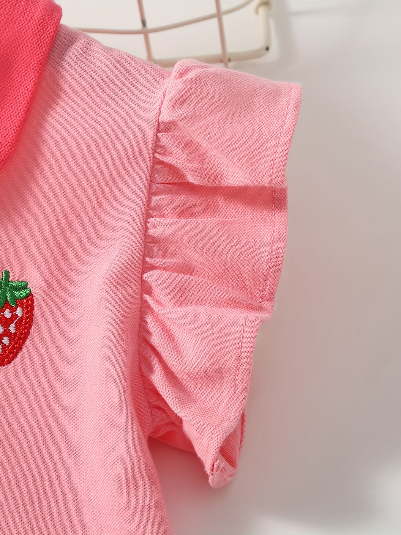 Girls Strawberry Embroidered Ruffle Trim Dress