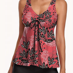 Leaf Print Tankini Set V Neck Tie Front Top & Shorts Swimsuit