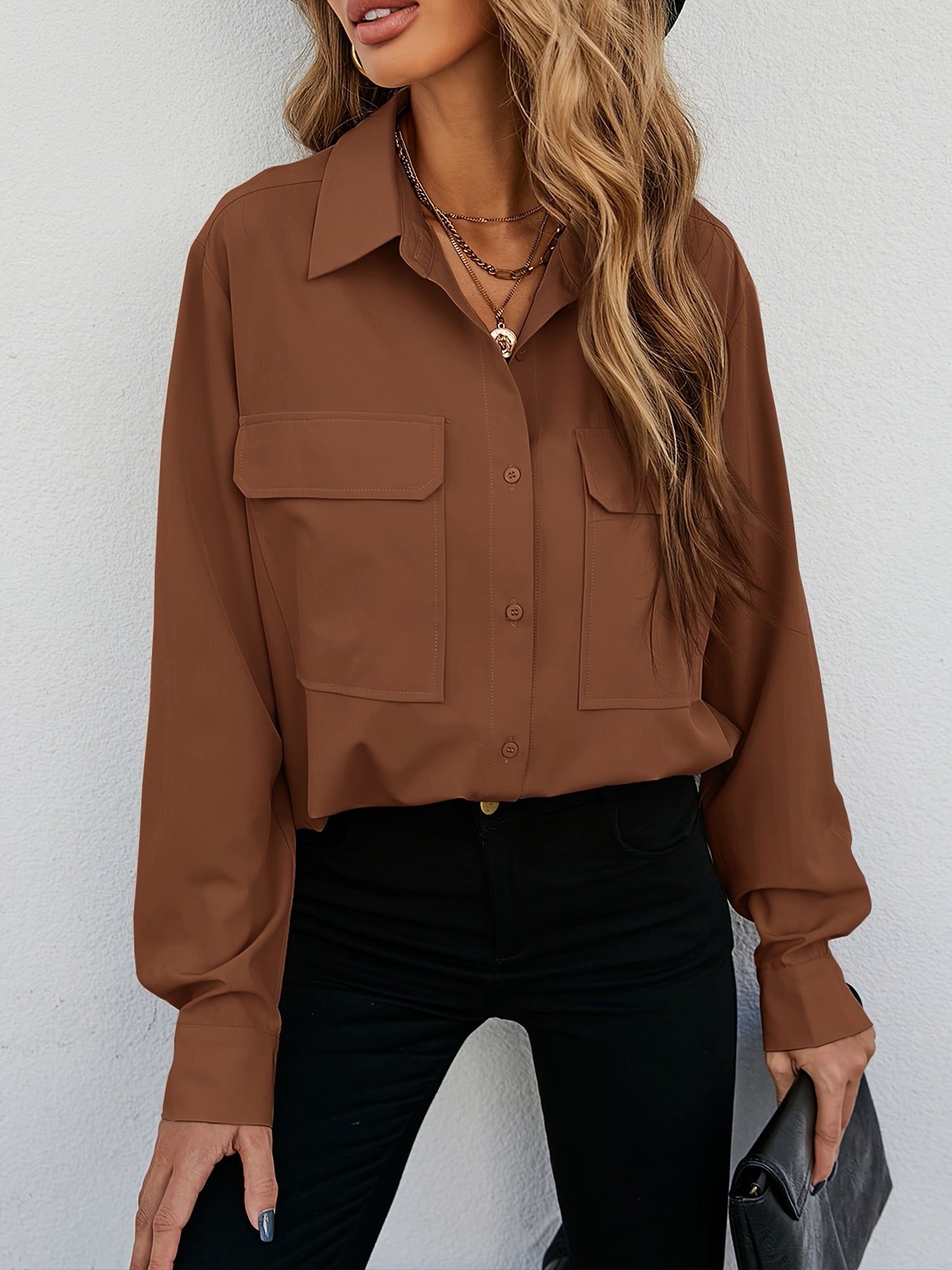 Solid Button Up Long Sleeve Blouse With Pockets