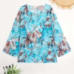 Tie Dye Leaf Print Long Sleeve Round Neck Cover Up