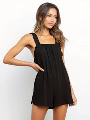 Ruffle Trim Sleeveless Romper Pocket Solid Casual Jumpsuit