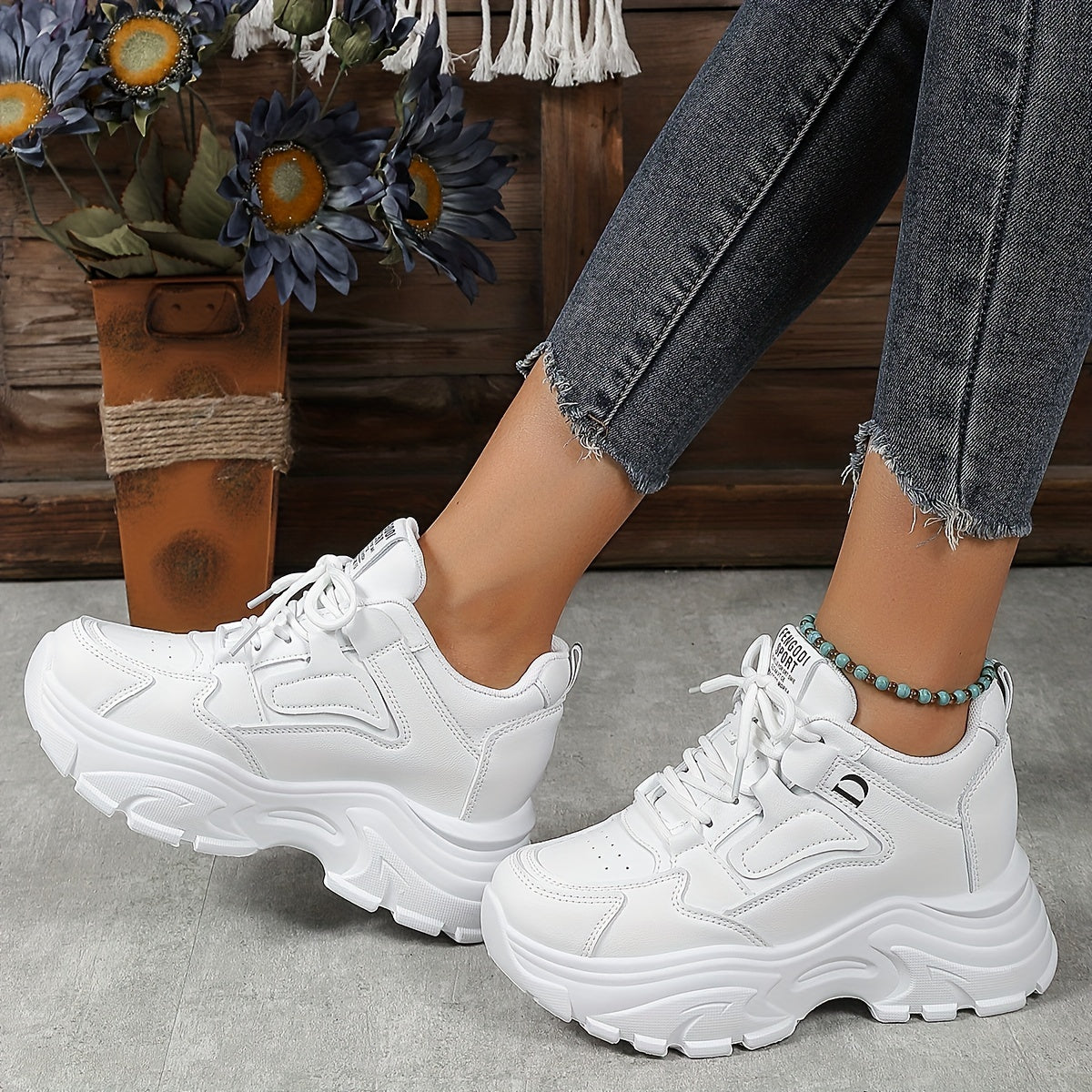 Women's Lace Up Chunky Sneakers Hidden Heel Casual Walking Shoes
