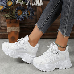 Women's Lace Up Chunky Sneakers Hidden Heel Casual Walking Shoes