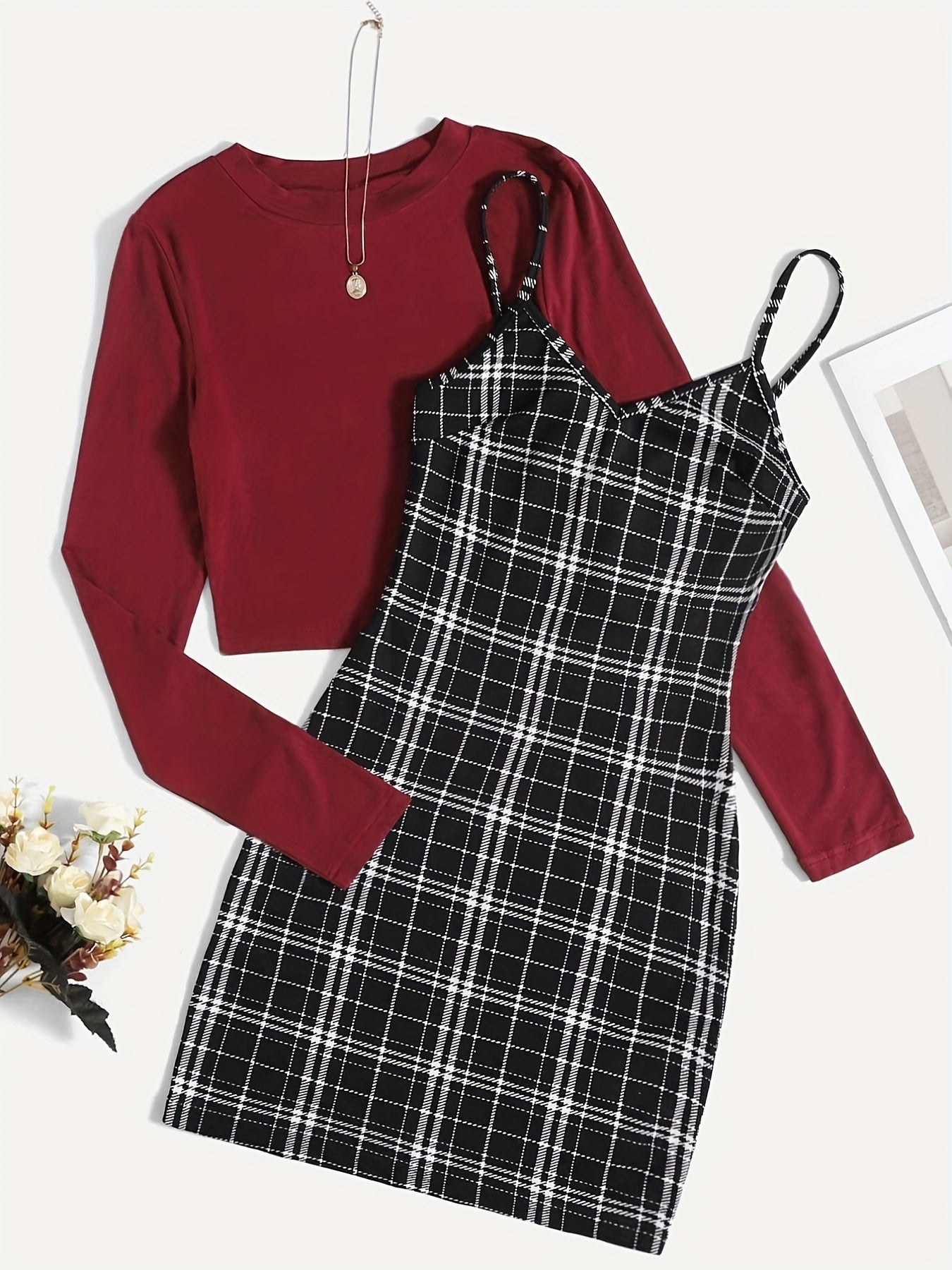 Preppy Two-piece Set Solid Long Sleeve Tops & Plaid Print Dress