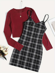 Preppy Two-piece Set Solid Long Sleeve Tops & Plaid Print Dress