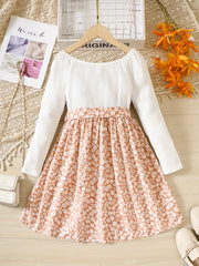 Girls' Ribbed Ditsy Floral Long Sleeve Casual Dress