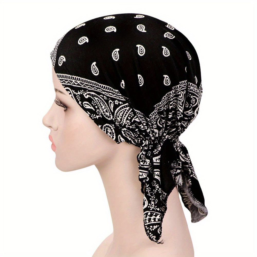 Pre tied Printed Turban Cap Elastic Head Wrap Vintage Beanie Chemo Hats