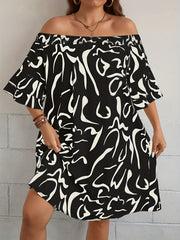 Graffiti Print Off Shoulder Bell Sleeve Dress