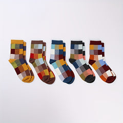 5 Pair Cotton Socks Block Socks For Men Plaid Short Crew Socks