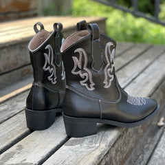 Embroidered Chunky Heeled Ankle Boots Slip On Western Boots