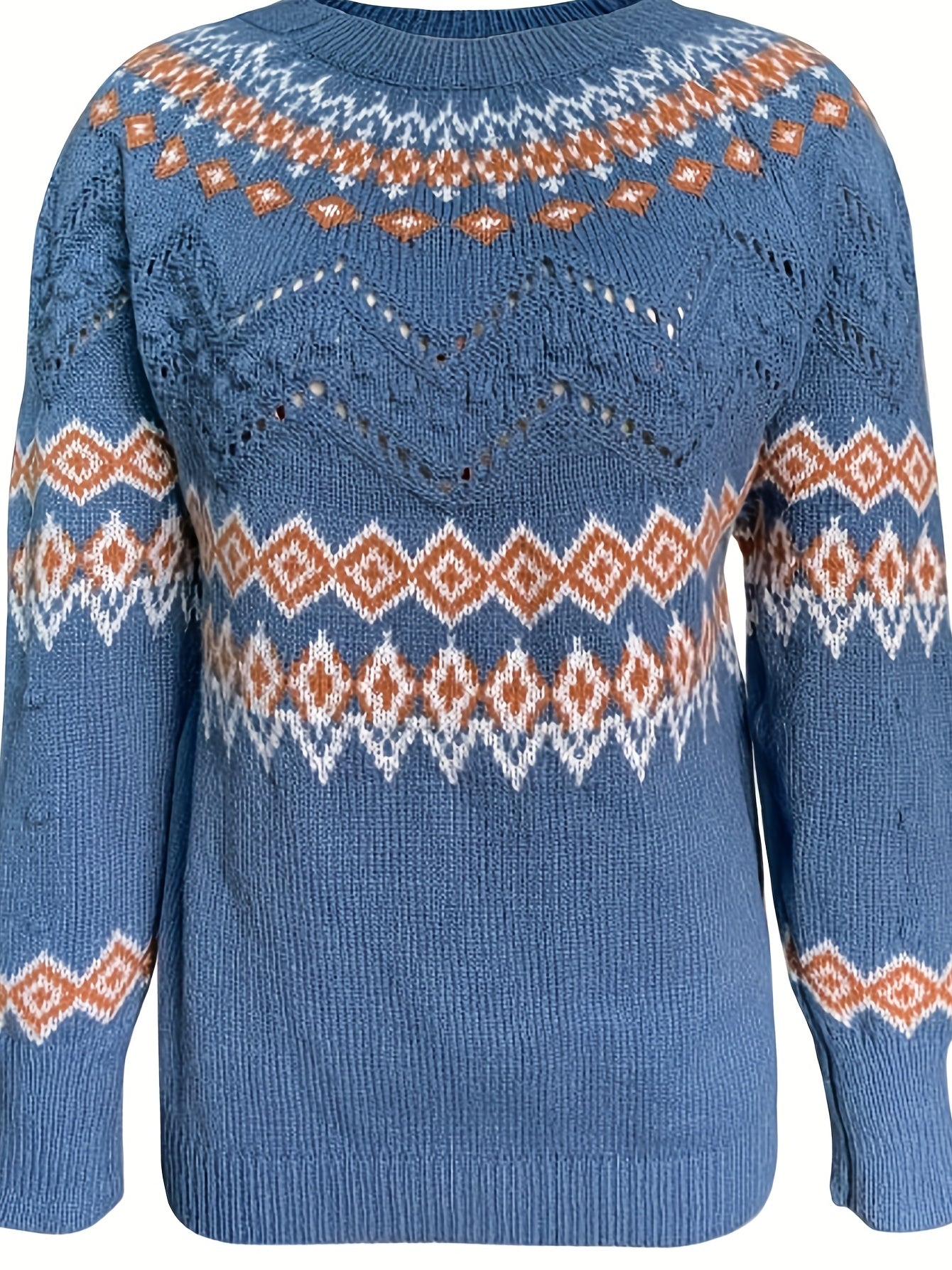 Argyle Pattern Knit Sweater Vintage Crew Neck Long Sleeve Women's Clothing