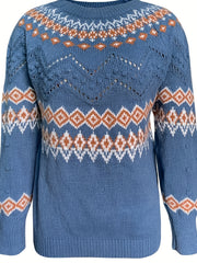 Argyle Pattern Knit Sweater Vintage Crew Neck Long Sleeve Women's Clothing
