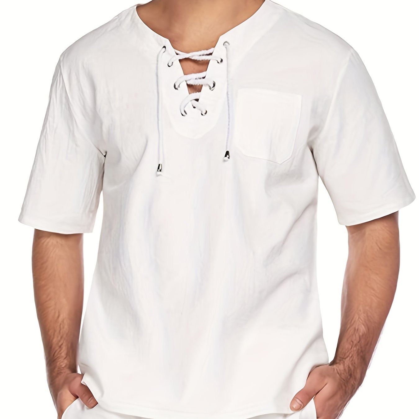 INCERUN Men's Cotton Short Sleeve Lace Up Shirts Hippie Baggy V Neck Tee