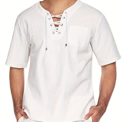 INCERUN Men's Cotton Short Sleeve Lace Up Shirts Hippie Baggy V Neck Tee