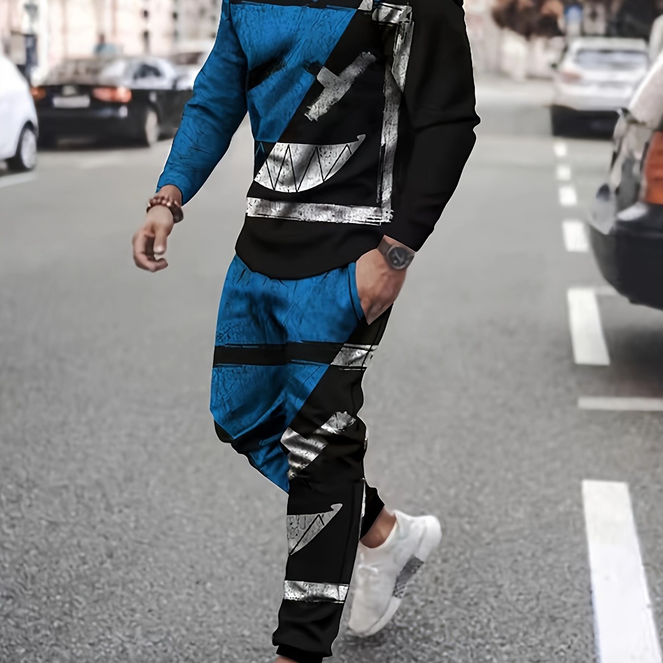 Grimace Block Mens 2 Piece Outfits Long Sleeve Tshirt Casual Sweatpants Set