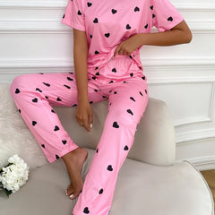 Heart Print Pink Pajamas Set Short Sleeve Top & Elastic Waistband Pants