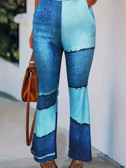 Colorblock Denim Print Flared Leggings