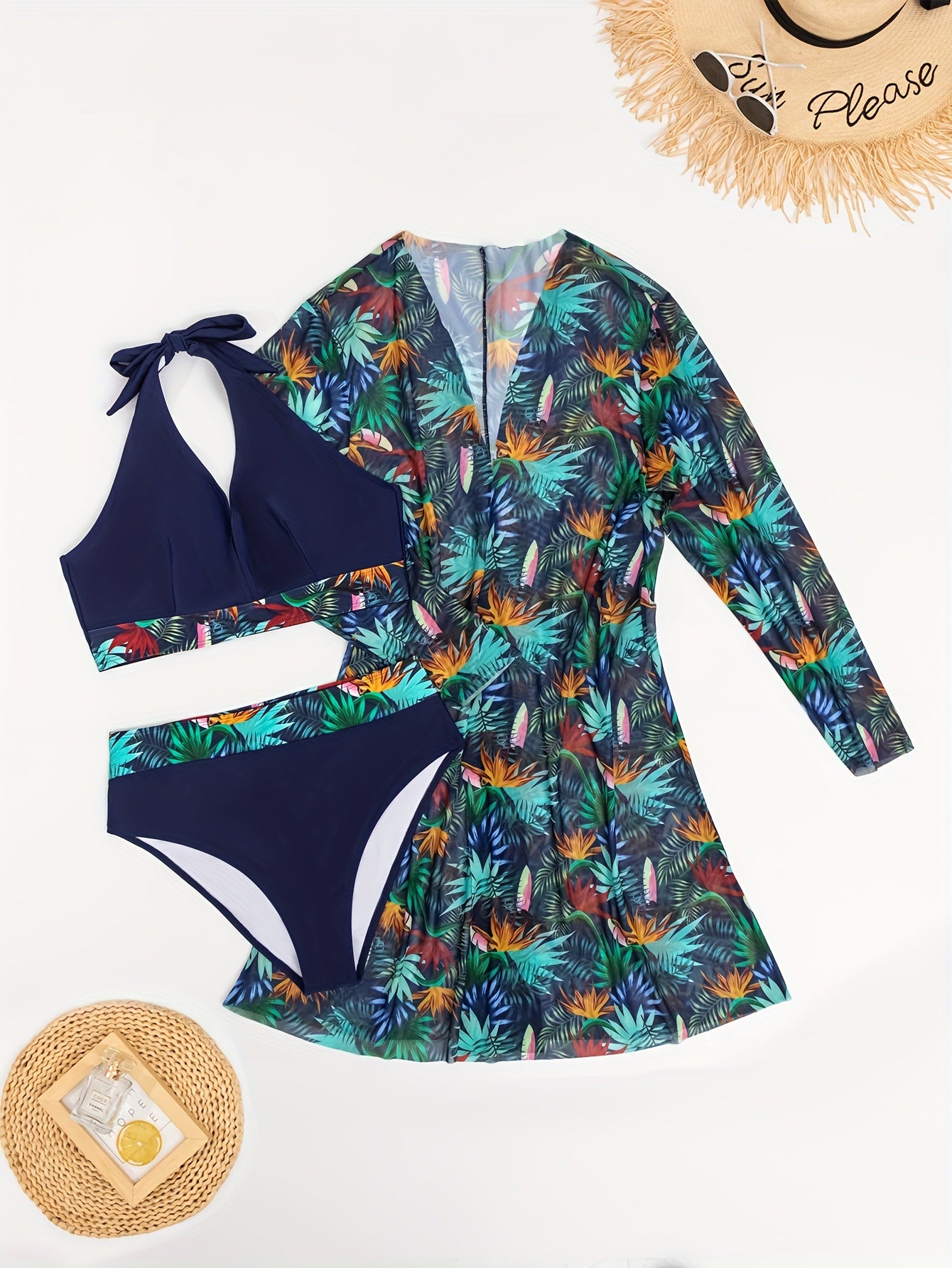 Tropical Print Bikini Set & Cover Up