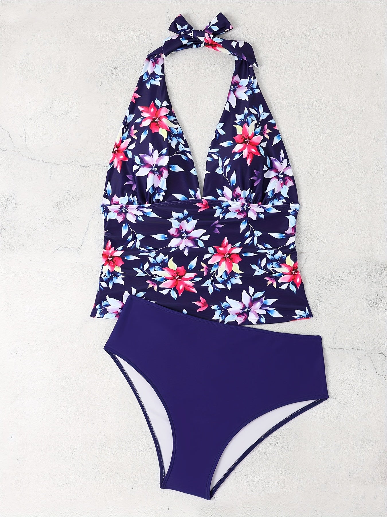 Floral Tankini Set V Neck Halter Top & Panty Swimsuit