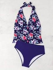 Floral Tankini Set V Neck Halter Top & Panty Swimsuit