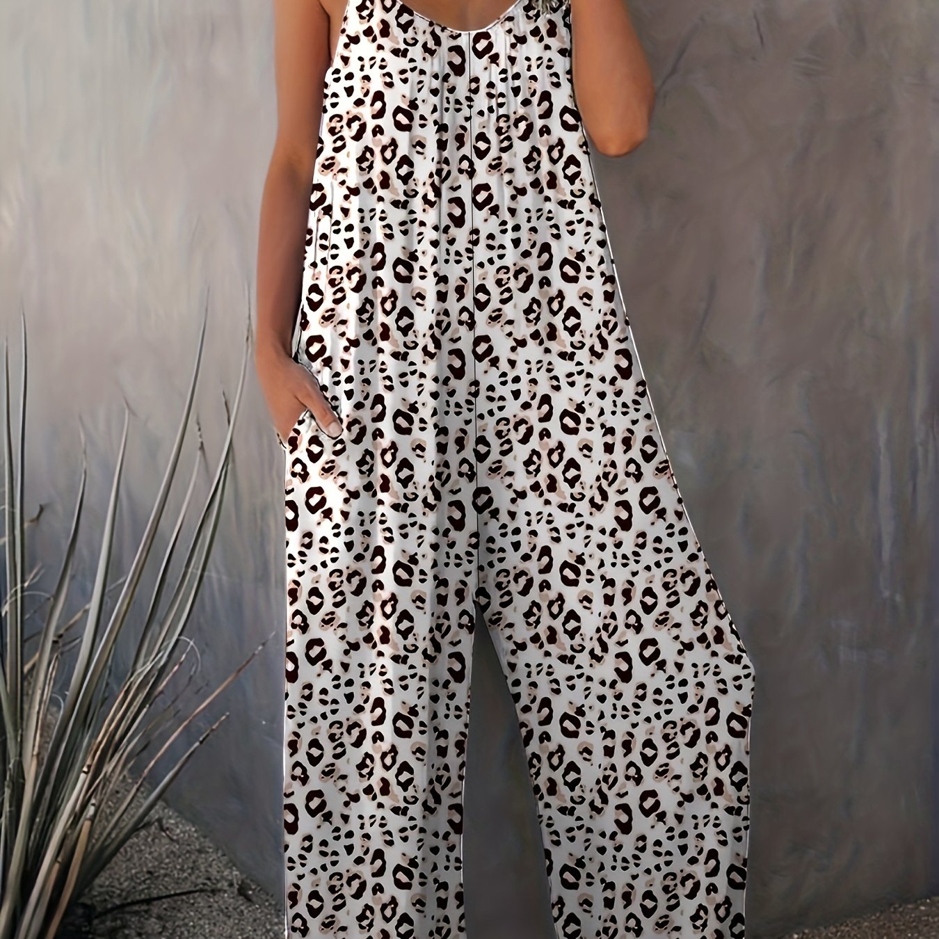 Leopard Print Wide Leg Jumpsuit Sleeveless Casual Jumpsuit