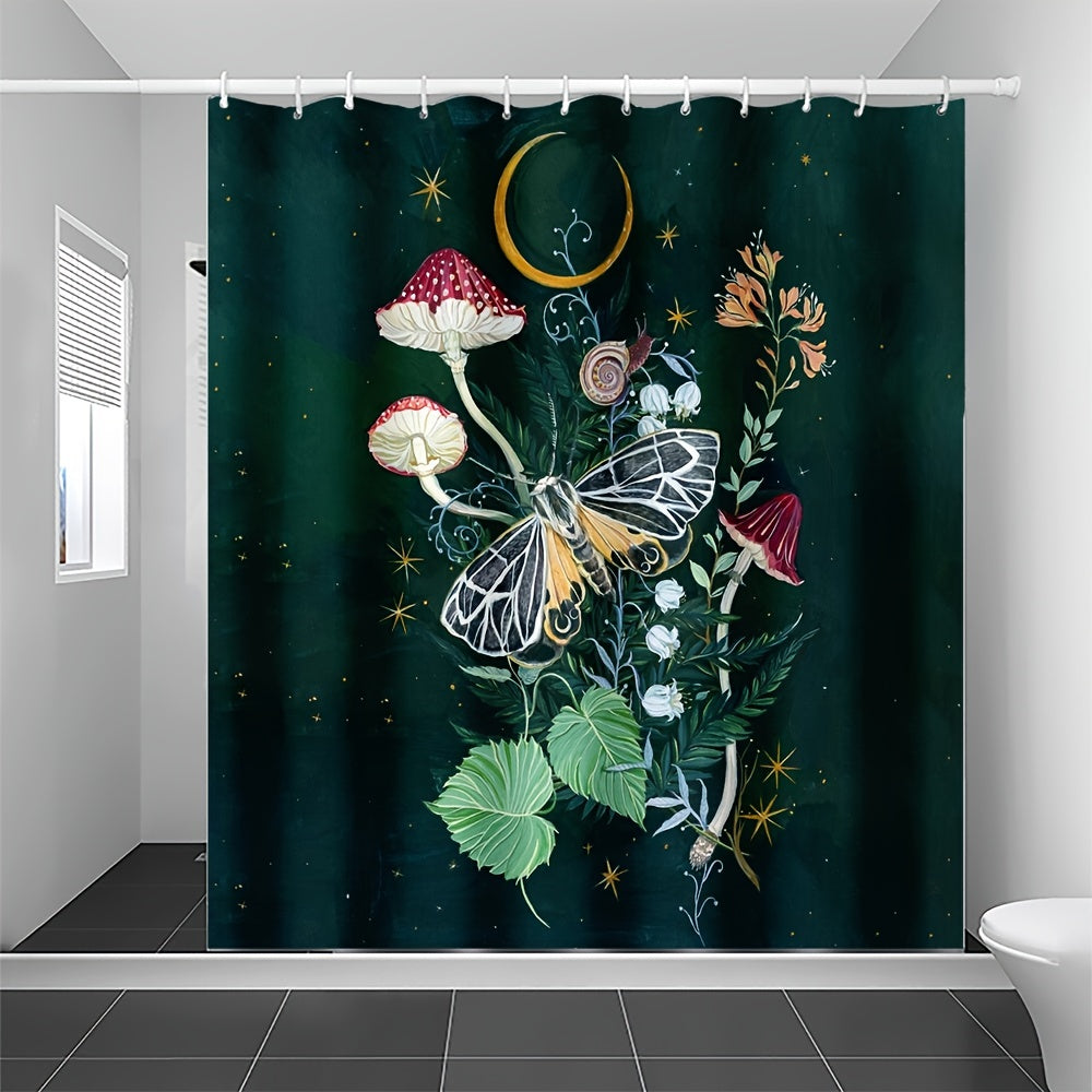 Waterproof Shower Curtain Mushroom Butterfly Print 72x72