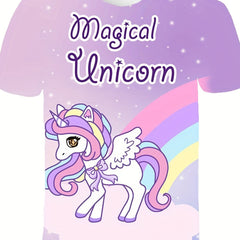 Girl's Rainbow & Pony T Shirt Short Sleeve Tee for Summer Fun