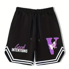 Men's Streetwear Shorts Purple Letter V Graphic Drawstring Stretchy Short Pants