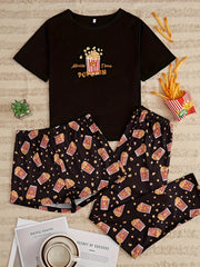 Popcorn Print Pajamas Set Short Sleeve Crew Neck Top & Shorts & Pants