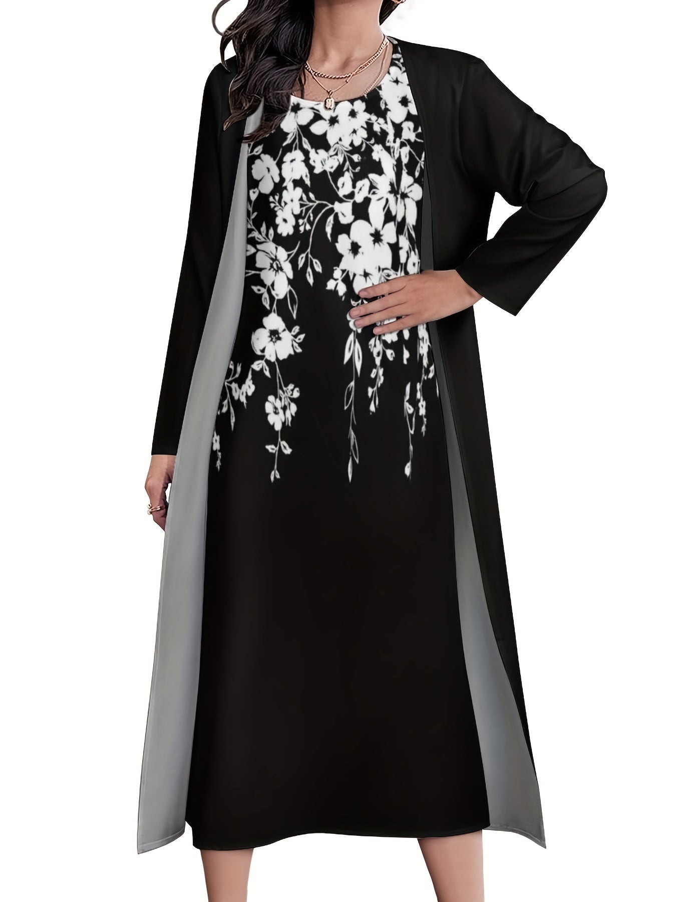 2 Piece Set Women's Floral Print Dress & Cardigan