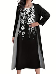 2 Piece Set Women's Floral Print Dress & Cardigan