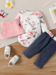 Baby Girls' Autumn Flower Printed Romper Jeans Set