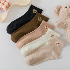 5 Pairs Women's Bear Pattern Earth Tone Tube Socks