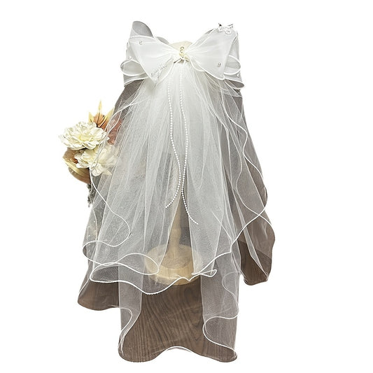 Double Layer Bowknot Bridal Veil with Pearls Wave Edge