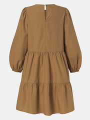 Solid Lantern Sleeve Round Neck Smock Dress