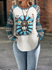 Bull Skull Print Sweatshirt Crew Neck Long Sleeve Casual Women's Clothing