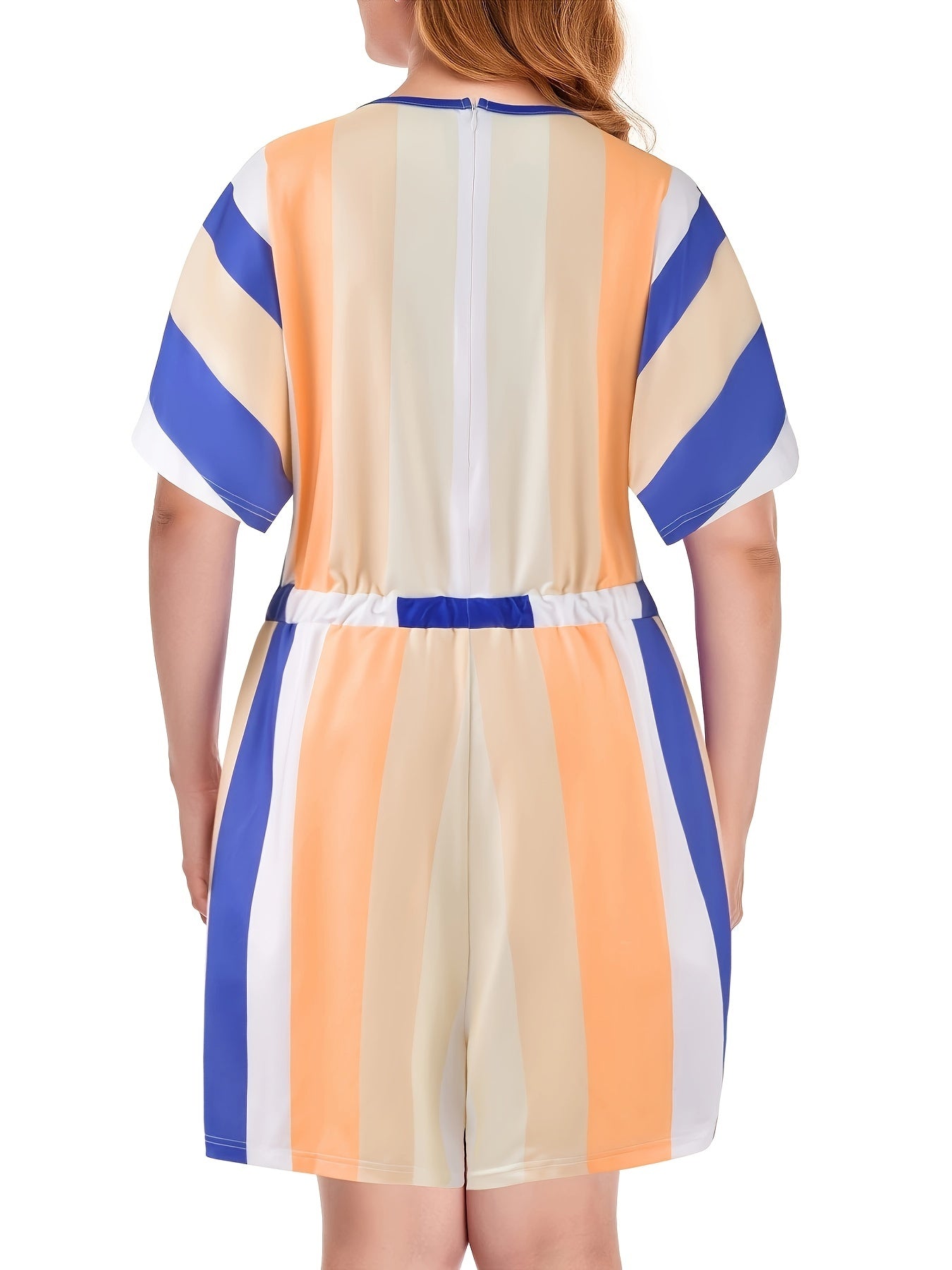 Colorblock Stripe Print Romper Short Sleeve V Neck Drawstring