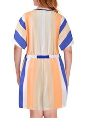 Colorblock Stripe Print Romper Short Sleeve V Neck Drawstring