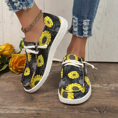 Women's Sunflower Pattern Round Toe Canvas Slip-On Walking Shoes